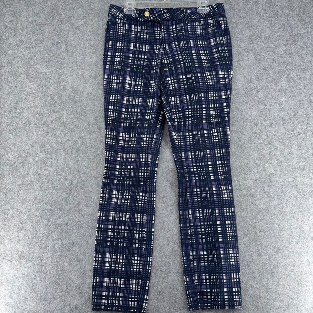 Tory Burch Conner Tab Front Skinny Pants Navy Purple Plaid Grid Size 29 - Picture 2 of 12